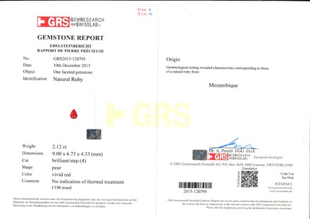Рубин, MOZAMBIQUE, UNHEATED, Груша, 2,12ct 3