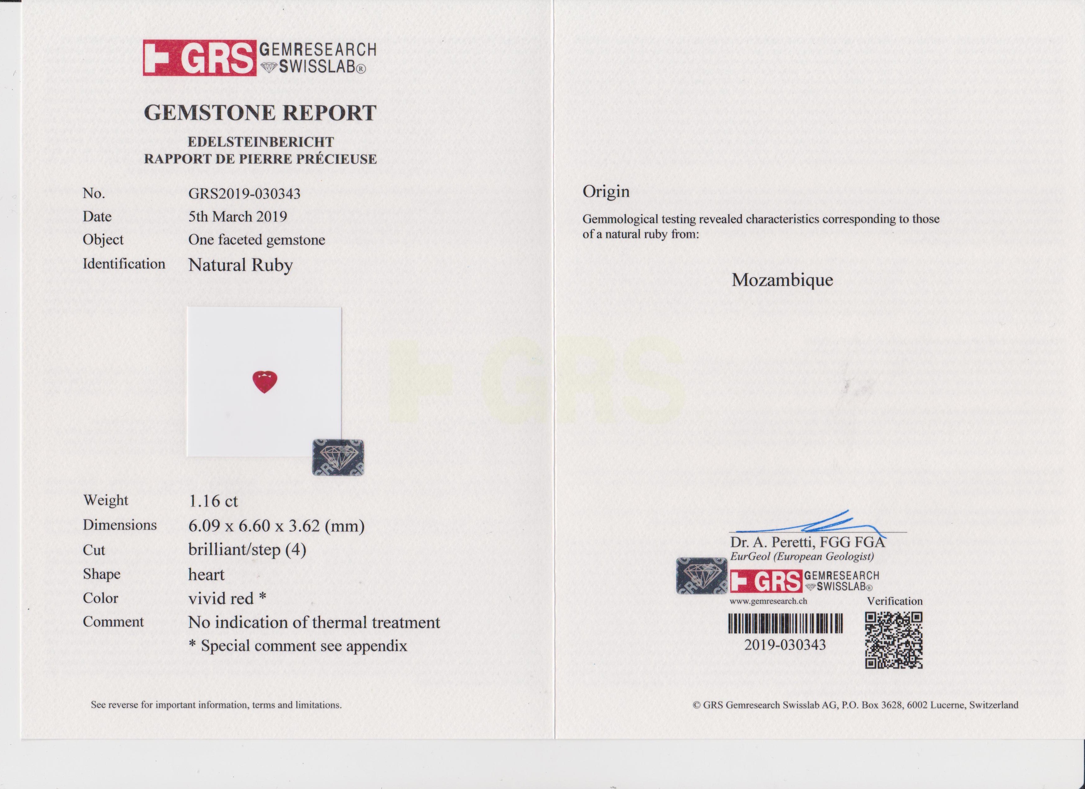 Рубин, MOZAMBIQUE, UNHEATED, Сердце, 1,16ct