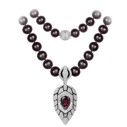 Колье с турмалином, бриллиантами и жемчугом, белое золото 1