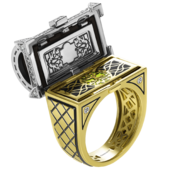 Кольцо с изумрудом и бриллиантами, жёлтое и белое золото, эбеновое дерево