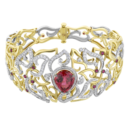 Браслет с рубеллитом, бриллиантами и рубинами, желтое и белое золото 1