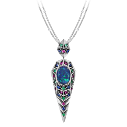 Подвес с опалом, изумрудами, сапфирами и рубинами, белое золото 1