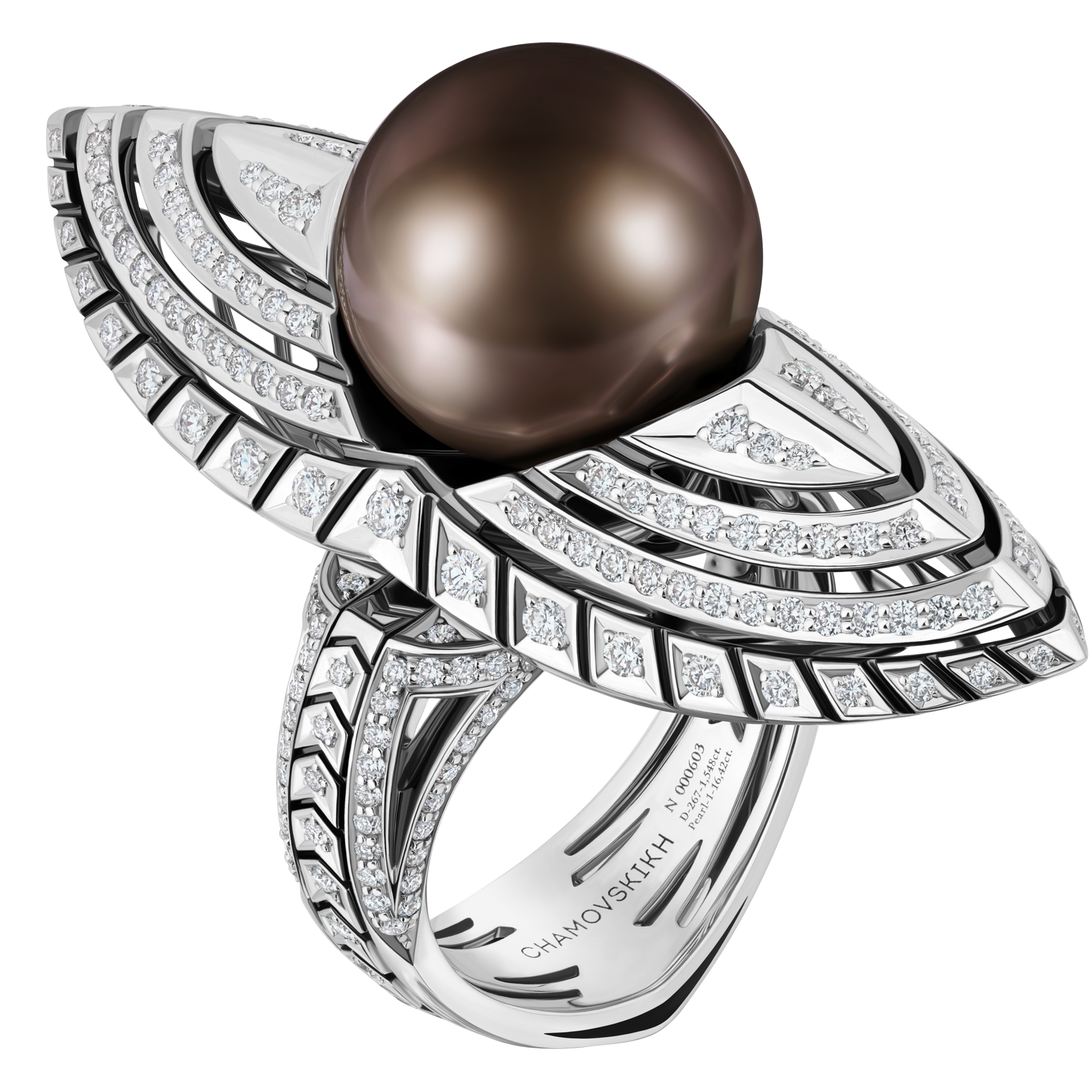 Кольцо с жемчугом и бриллиантами, белое золото, н.керамика
