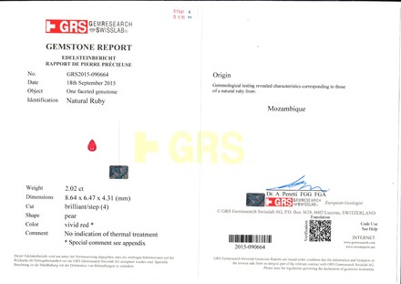 Рубин, MOZAMBIQUE, UNHEATED, Груша, 2,02ct 3