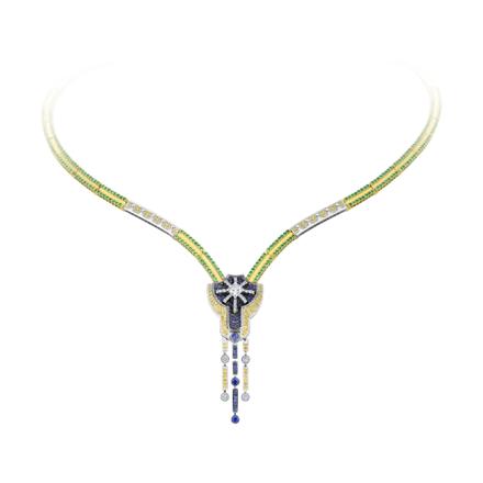 Колье с бриллиантами, изумрудами и сапфирами, жёлтое и белое золото 1