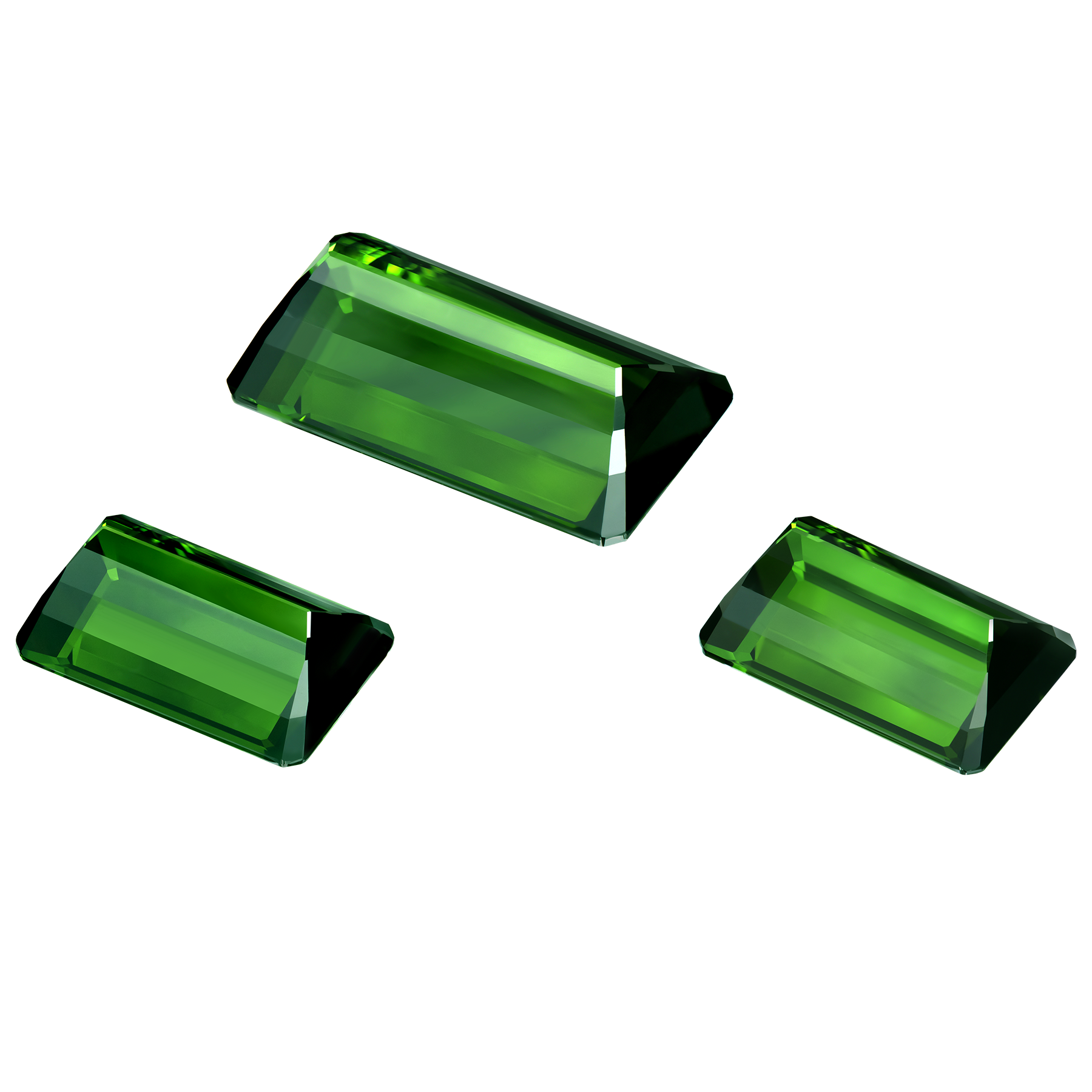 Сет из трёх турмалинов верделитов, октагон 2-15,11ct (14.60*9.75мм) и 1-15,48ct (20.50*11.40мм)