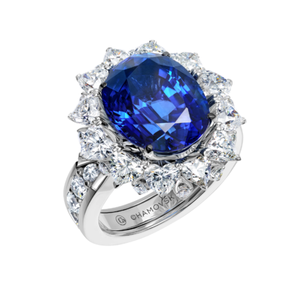 Кольцо с сапфиром и бриллиантами, белое золото 1