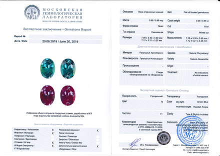 Сет их двух александритов, UNHEATED, Овал, 0,99/ 0,89ct 5