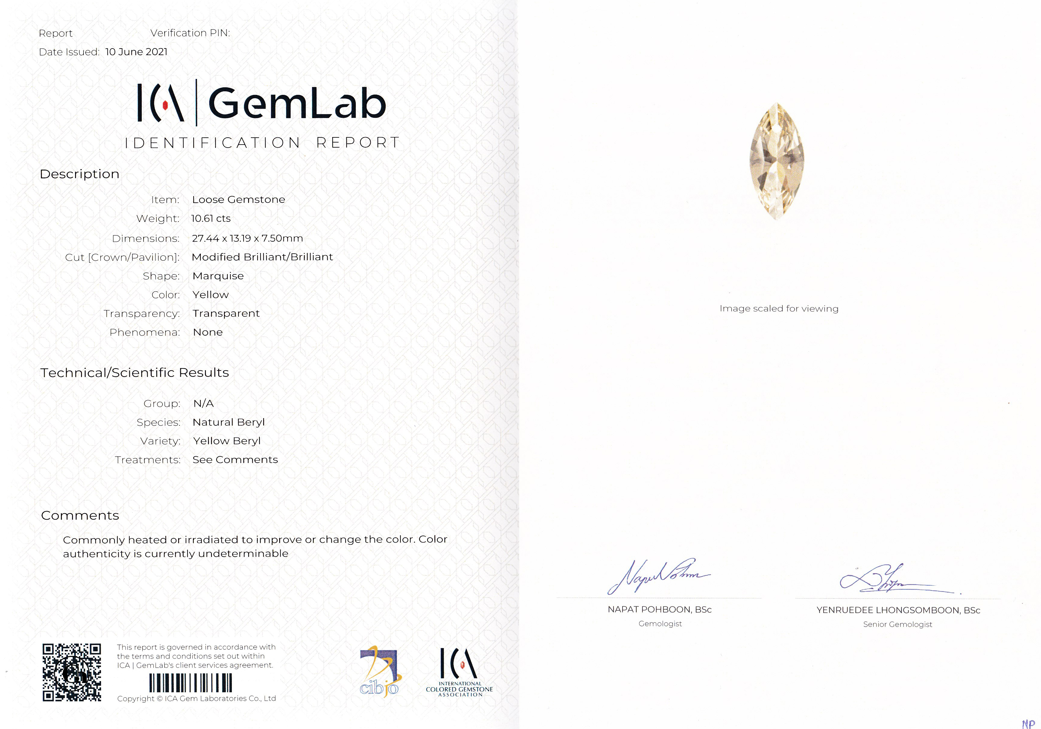 Жёлтый берил, Маркиз, 10,61ct