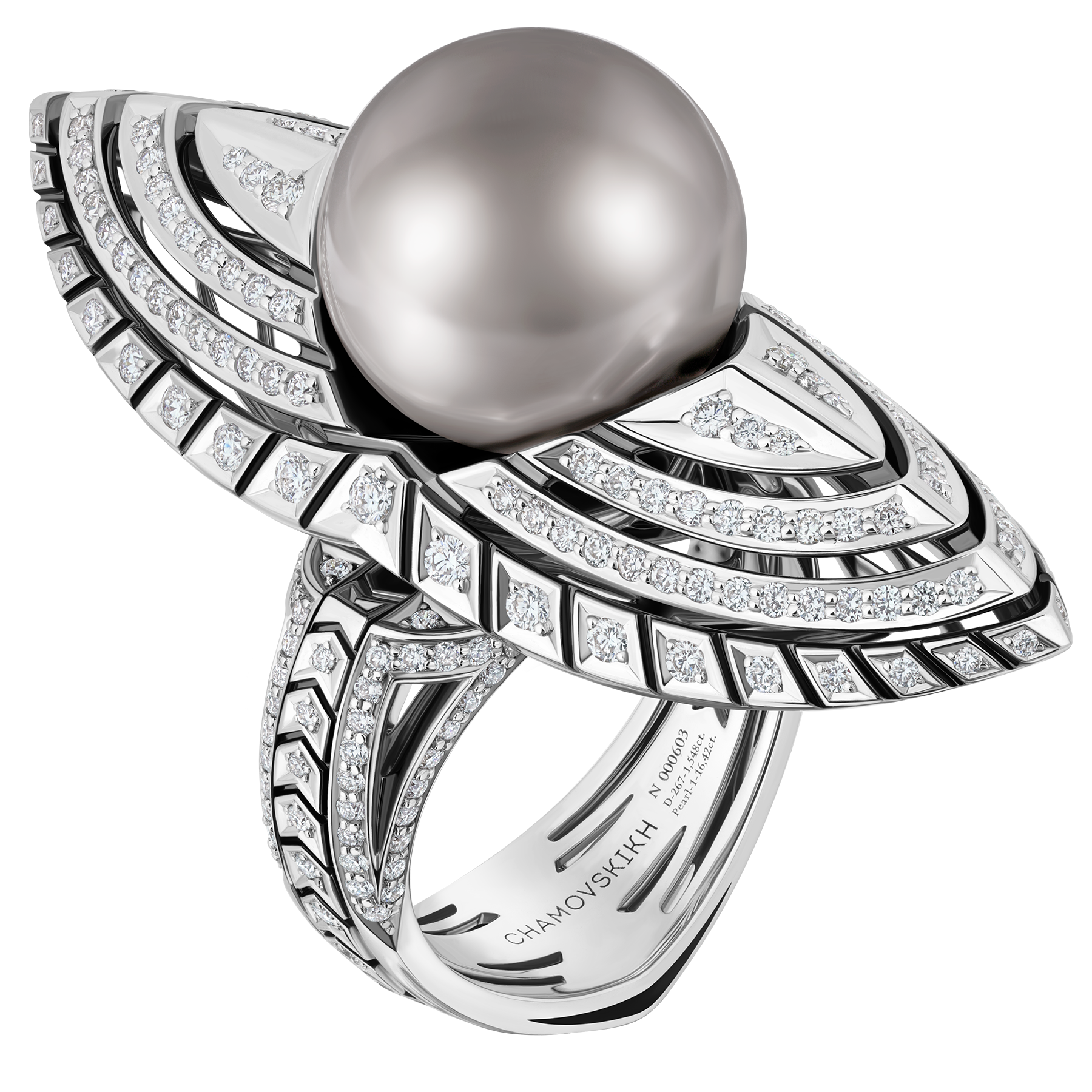 Кольцо с жемчугом и бриллиантами, белое золото, н.керамика
