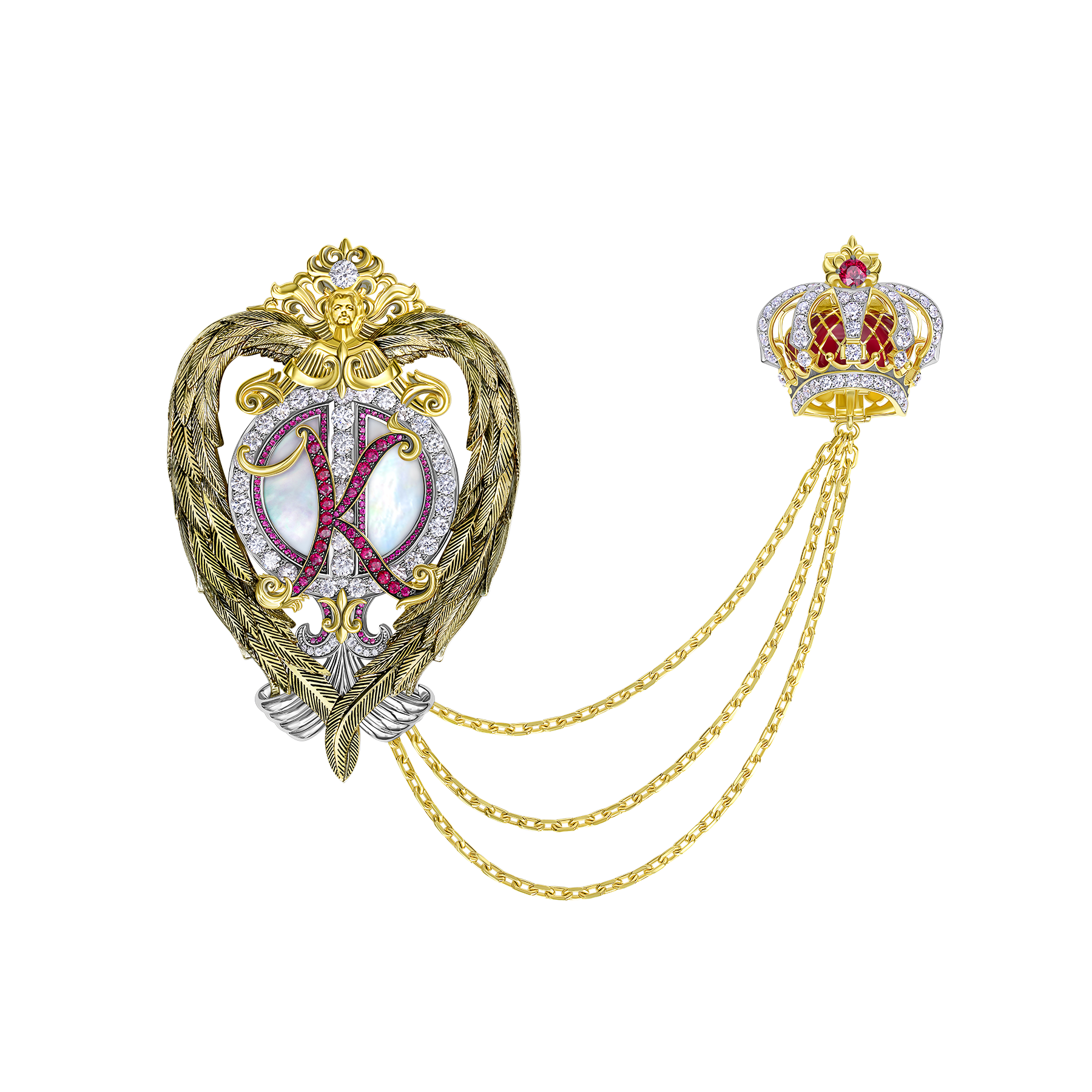 Брошь - подвес с перламутром, бриллиантами и рубинами, жёлтое и белое золото