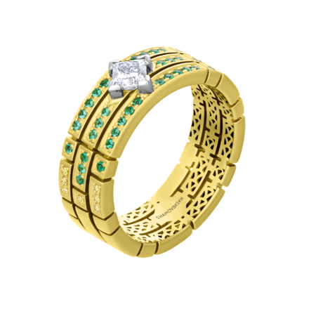 Кольцо с бриллиантами и изумрудами, жёлтое золото 1