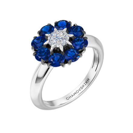 Кольцо с бриллиантом и сапфирами, белое золото 1