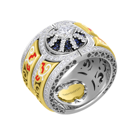 Кольцо с бриллиантами и сапфирами, жёлтое и белое золото, н.керамика 1