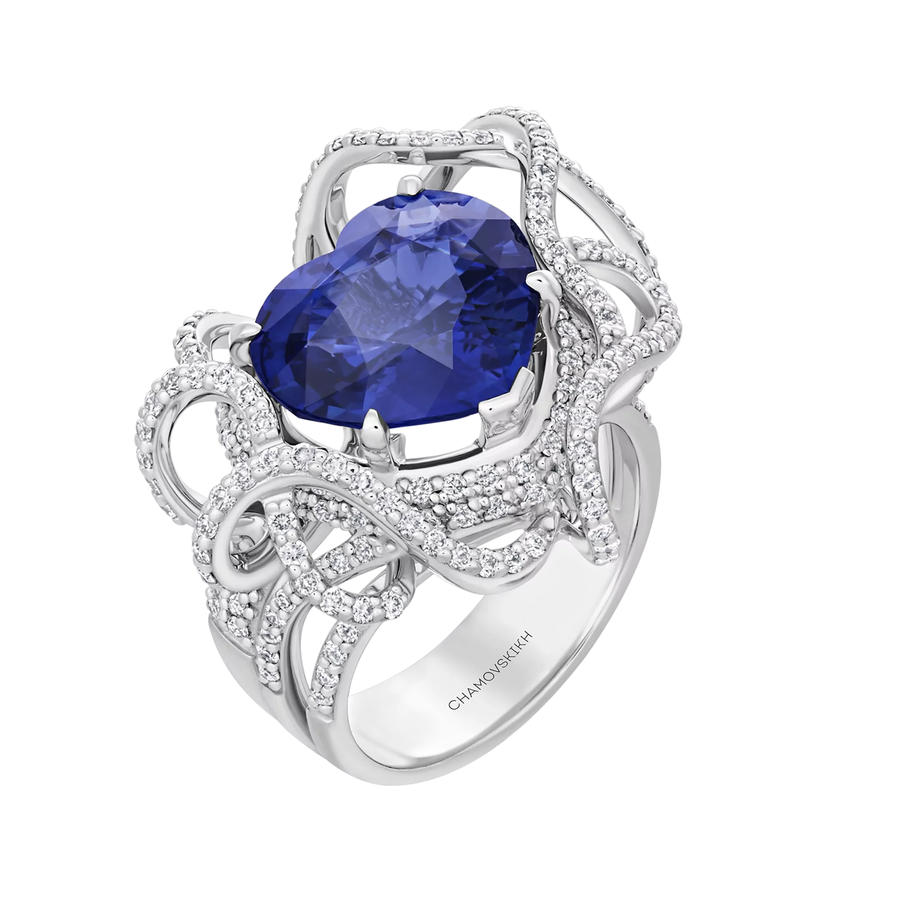 Кольцо с сапфиром и бриллиантами, белое золото