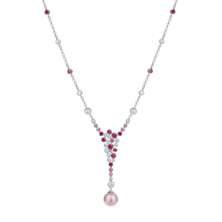 Колье с жемчугом, бриллиантами, рубинами и розовыми сапфирами, белое золото 1