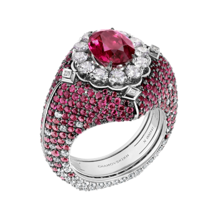 Кольцо с рубеллитом, бриллиантами, розовыми сапфирами и рубинами, белое золото 1