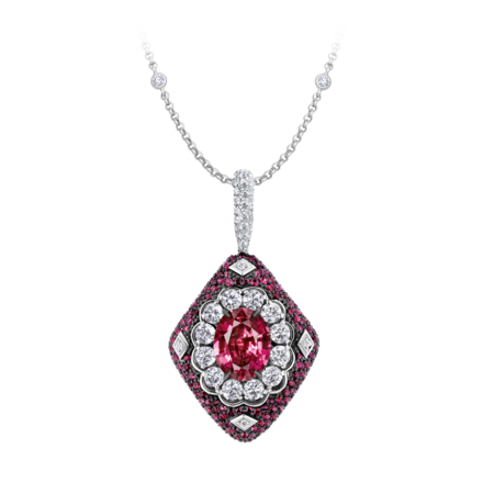 Подвес с турмалином рубеллитом, бриллиантами, рубинами и сапфирами, белое золото 1