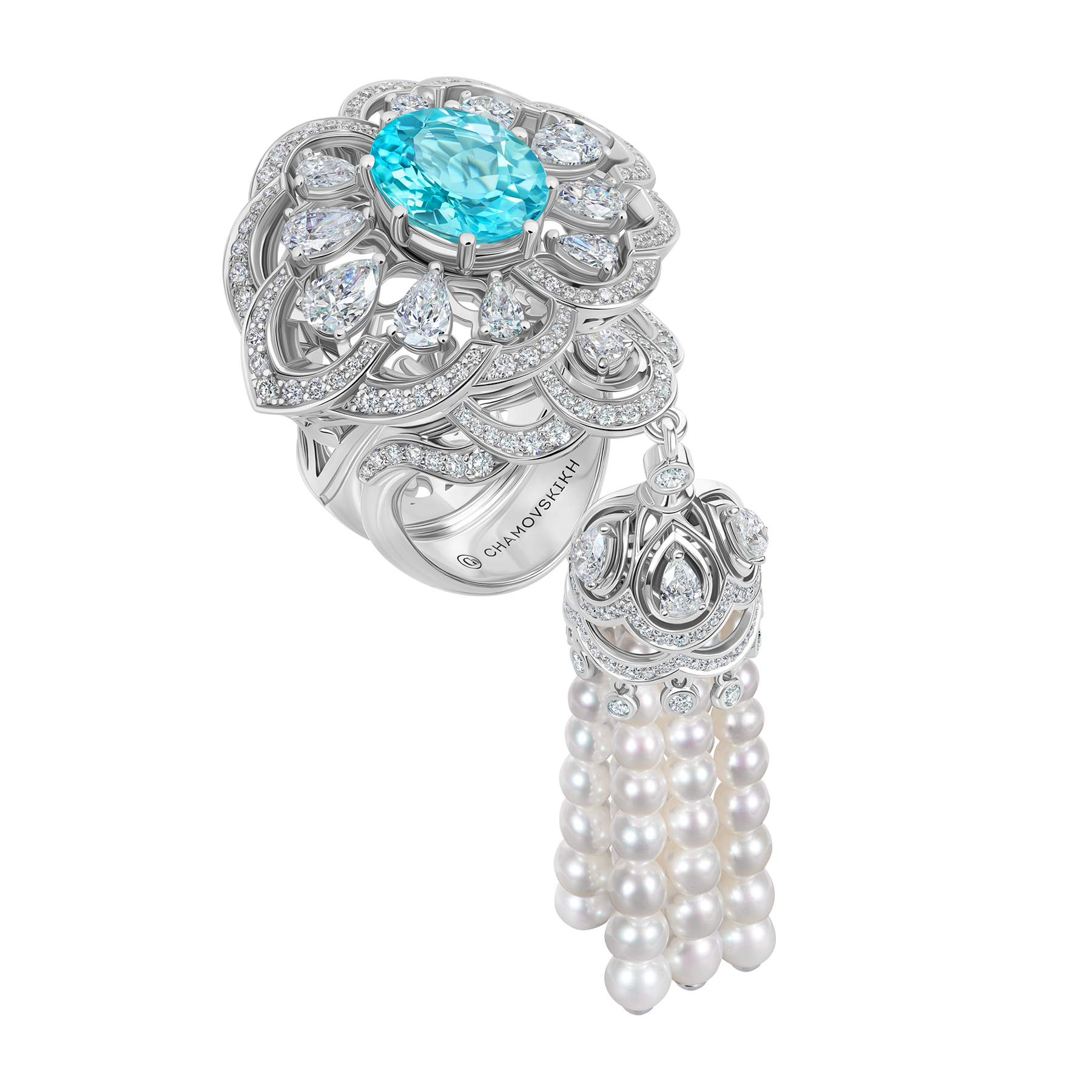 Кольцо с турмалином параиба, бриллиантами и жемчугом, белое золото