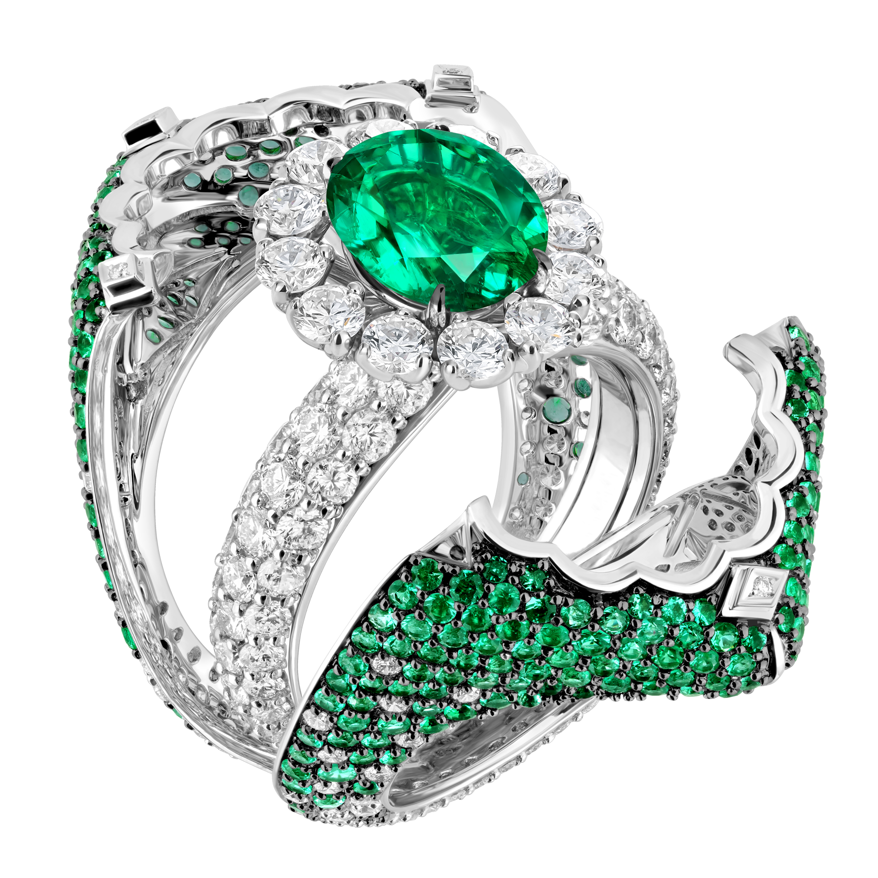 Кольцо с изумрудами и бриллиантами, белое золото