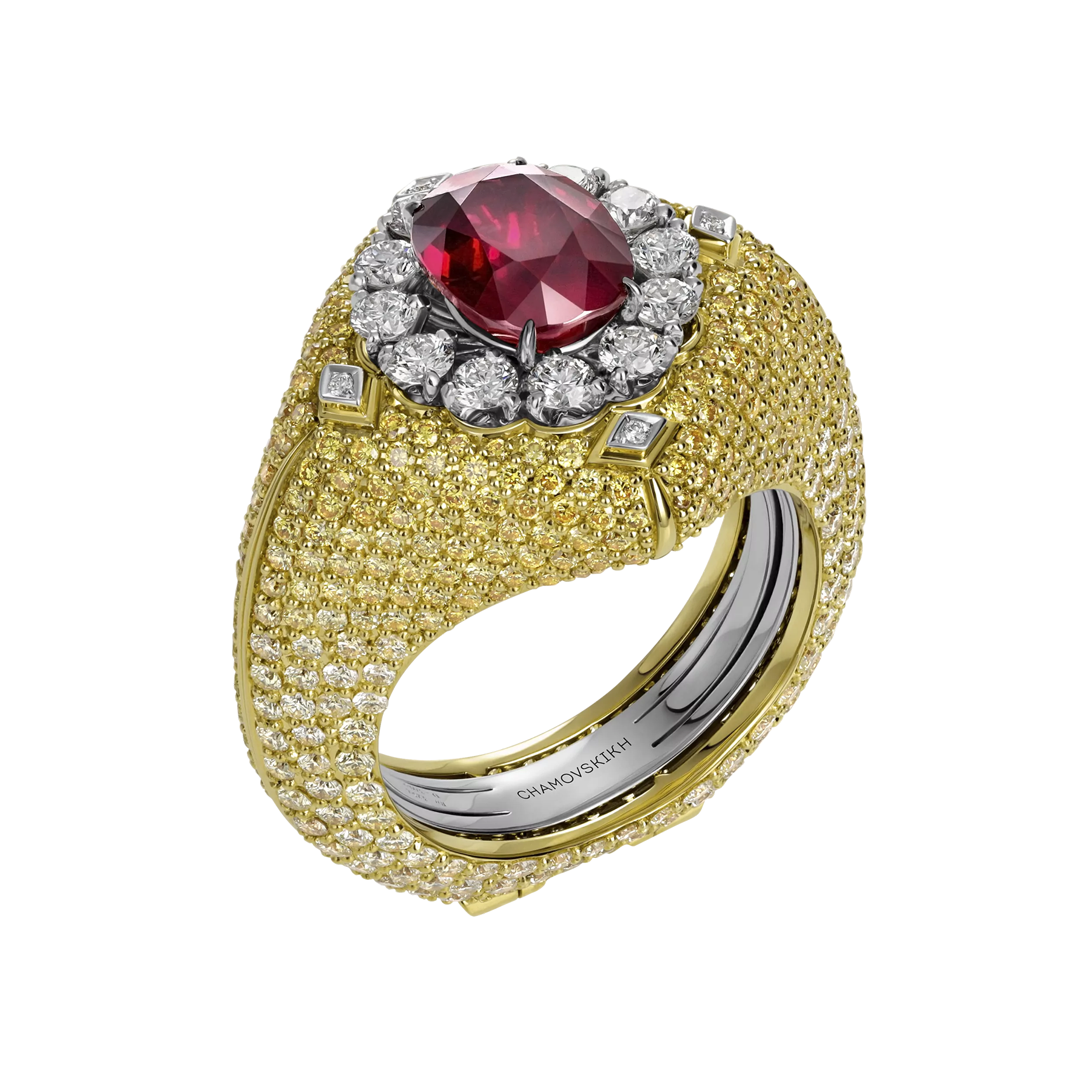 Кольцо с рубином и бриллиантами, белое и жёлтое золото