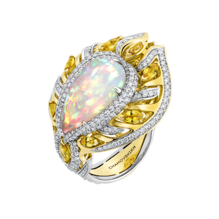 Кольцо с опалом, бриллиантами и жёлтыми сапфирами, жёлтое и белое золото 1