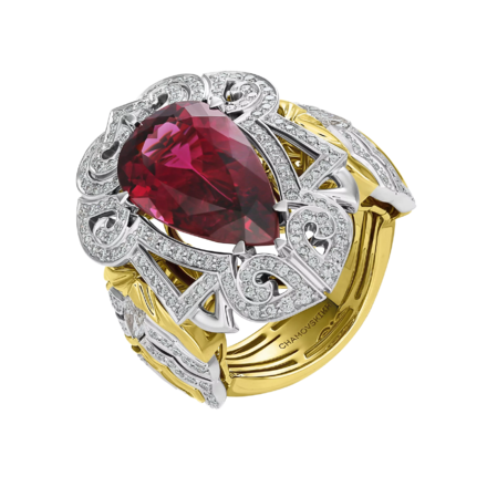 Кольцо с турмалином рубеллит и бриллиантами, жёлтое и белое золото 1