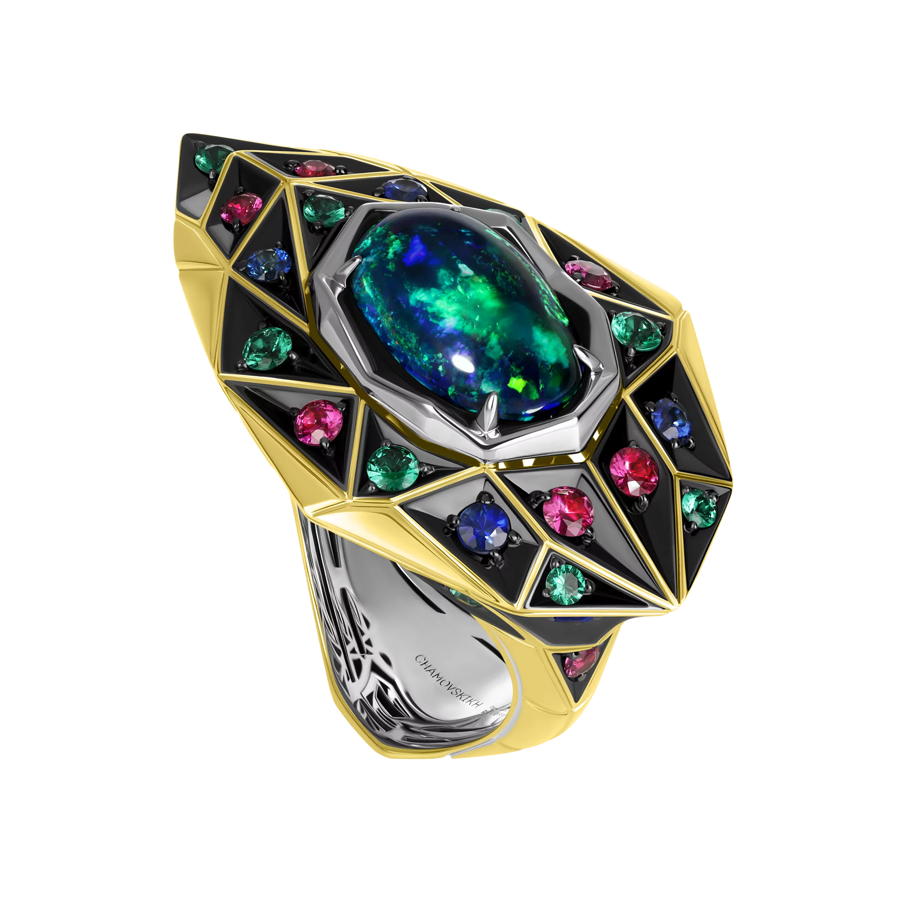 Кольцо с опалом, бриллиантами, сапфирами, изумрудами и рубинами, жёлтое и белое золото золото