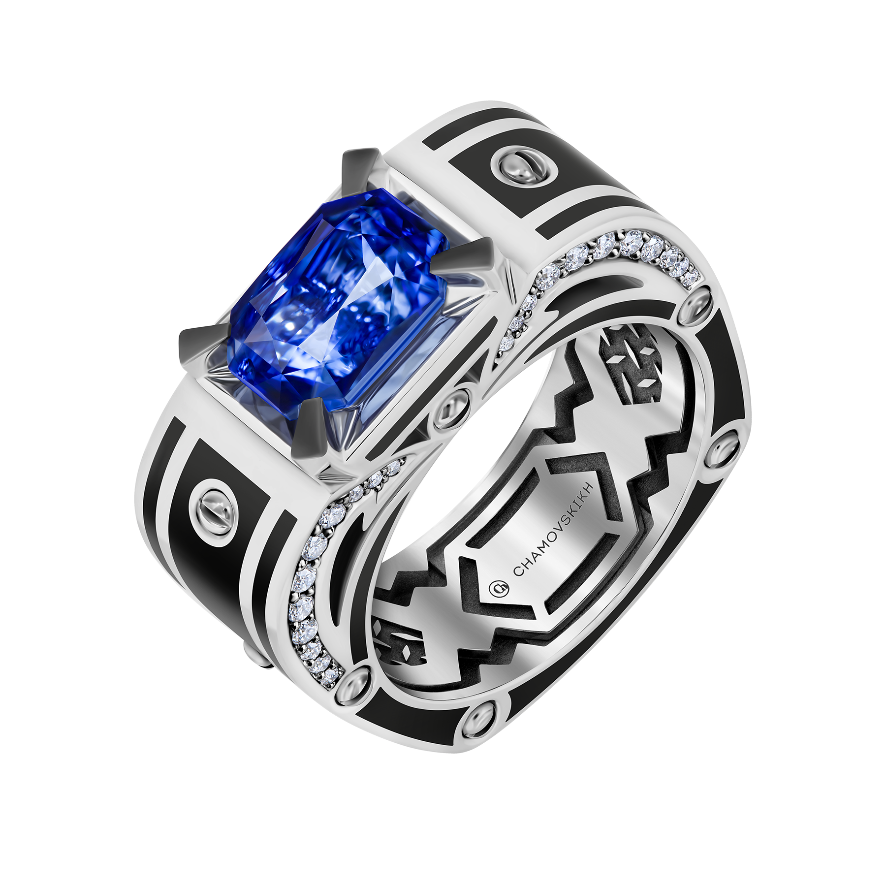 Кольцо с сапфиром и бриллиантами, белое золото, н. керамика