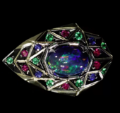 Кольцо с опалом, бриллиантами, сапфирами, изумрудами и рубинами, жёлтое и белое золото золото