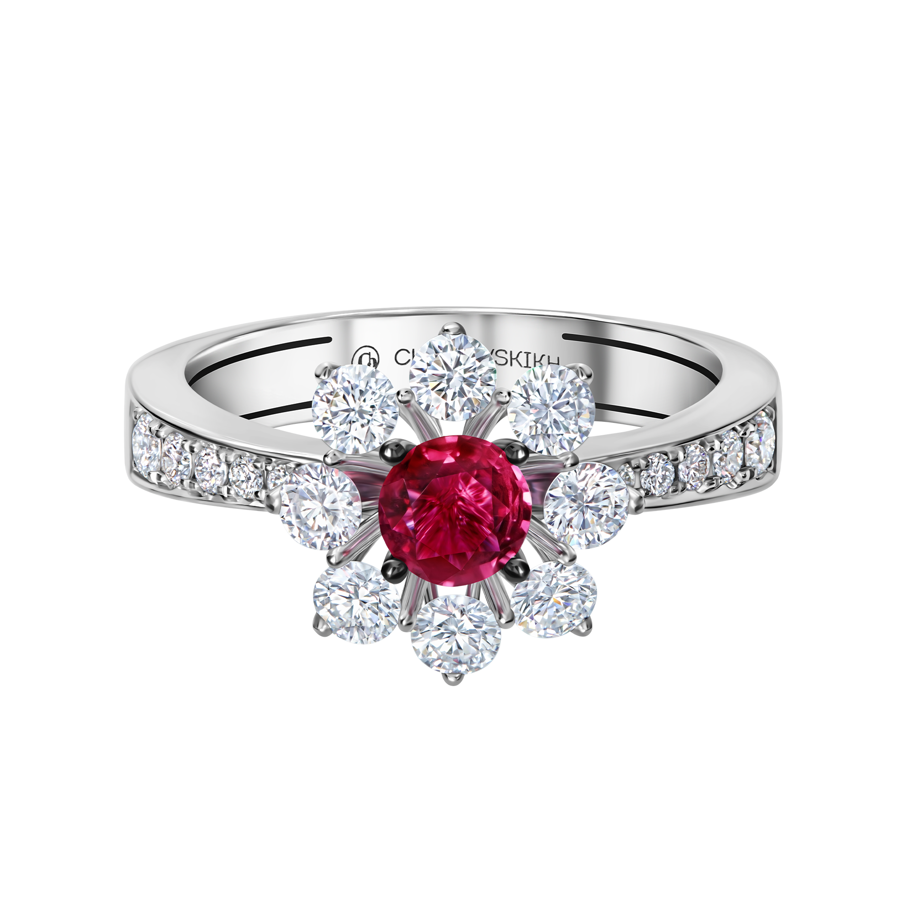 Кольцо с рубином и бриллиантами, белое золото