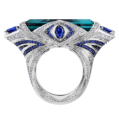 Кольцо с индиголитом, бриллиантами и сапфирами, белое золото