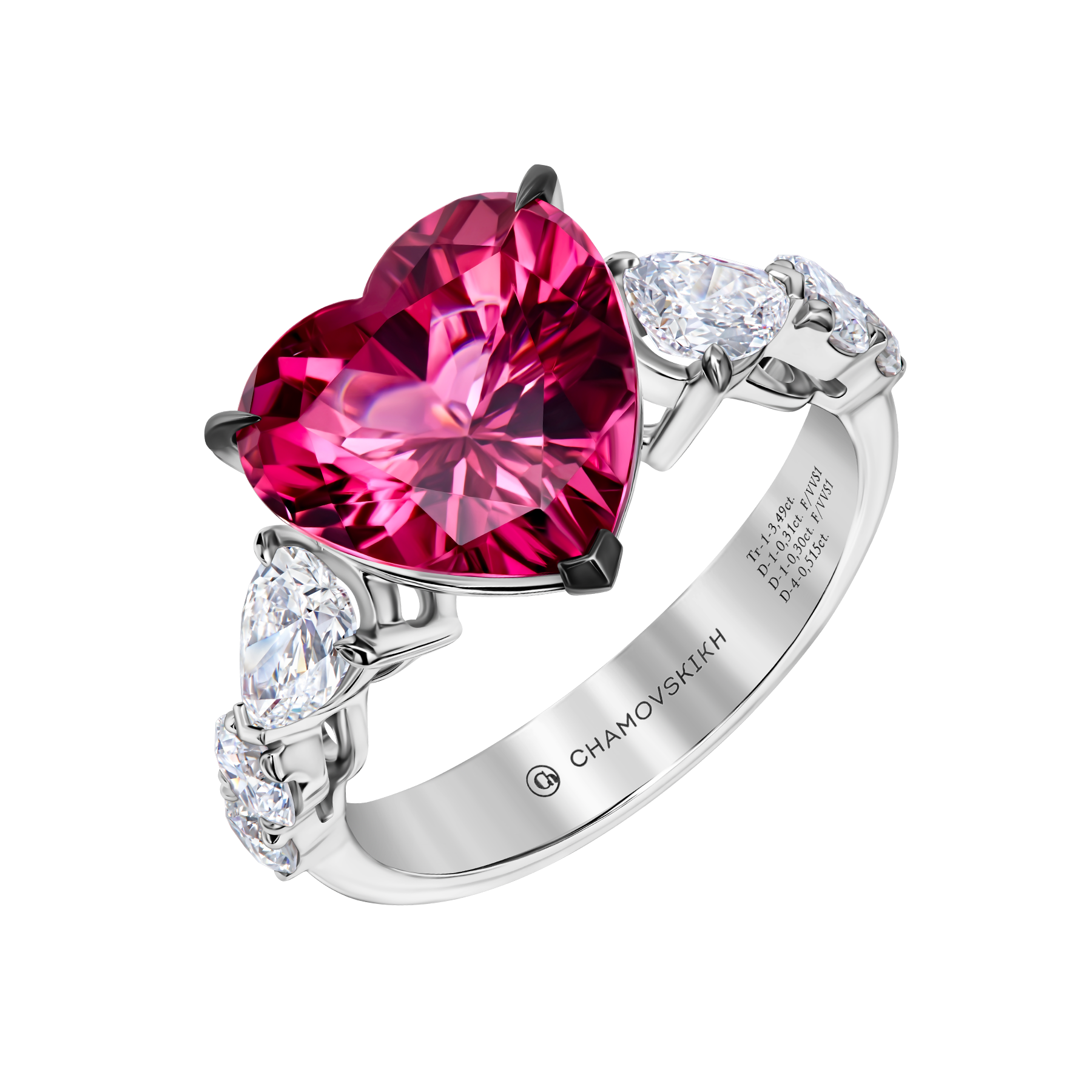 Кольцо с турмалином рубеллитом и бриллиантами, белое золото