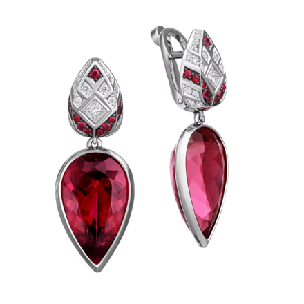 Серьги с турмалинами рубеллитами, бриллиантами и рубинами, белое золото 1