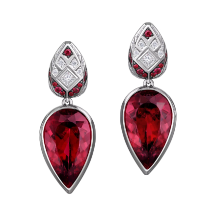 Серьги с турмалинами рубеллитами, бриллиантами и рубинами, белое золото 2