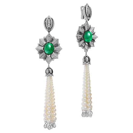 Серьги с изумрудами, бриллиантами и жемчугом, белое золото, н.керамика 1