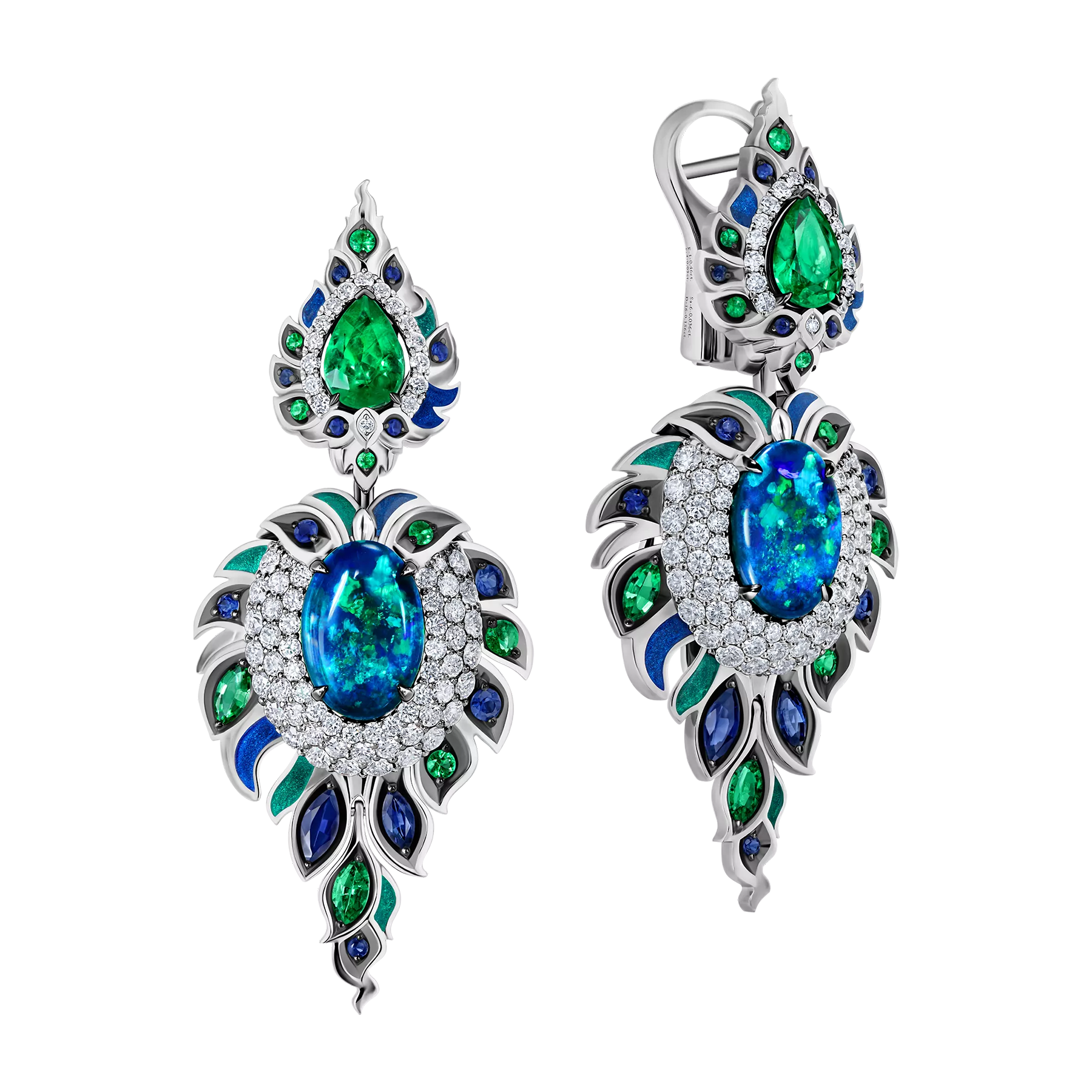 Серьги с опалами, бриллиантами, изумрудами и сапфирами, белое золото, н.керамика