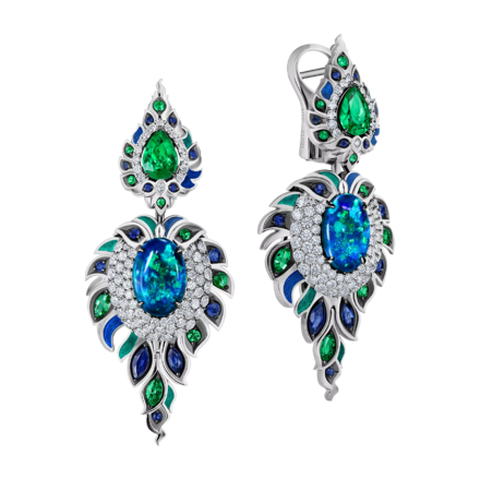 Серьги с опалами, бриллиантами, изумрудами и сапфирами, белое золото, н.керамика 1