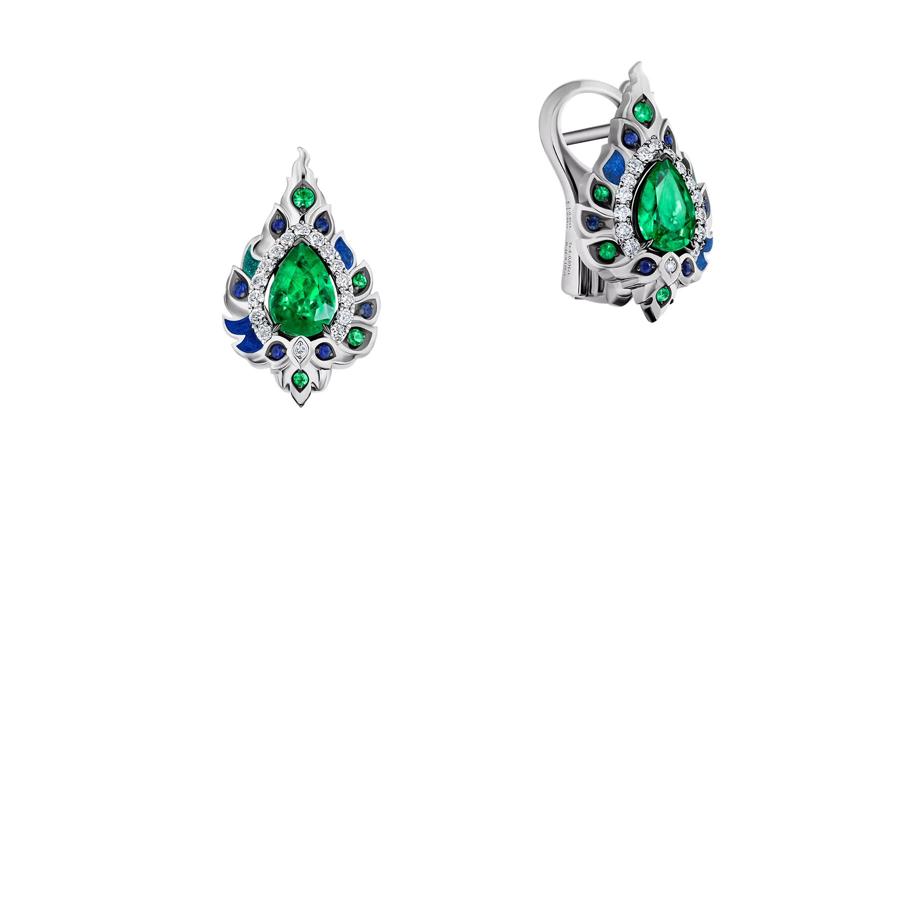 Серьги с опалами, бриллиантами, изумрудами и сапфирами, белое золото, н.керамика