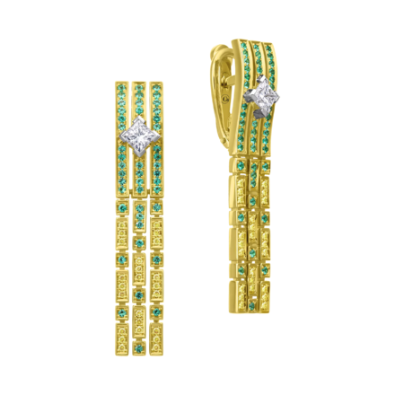 Серьги с бриллиантами и изумрудами, жёлтое золото 1