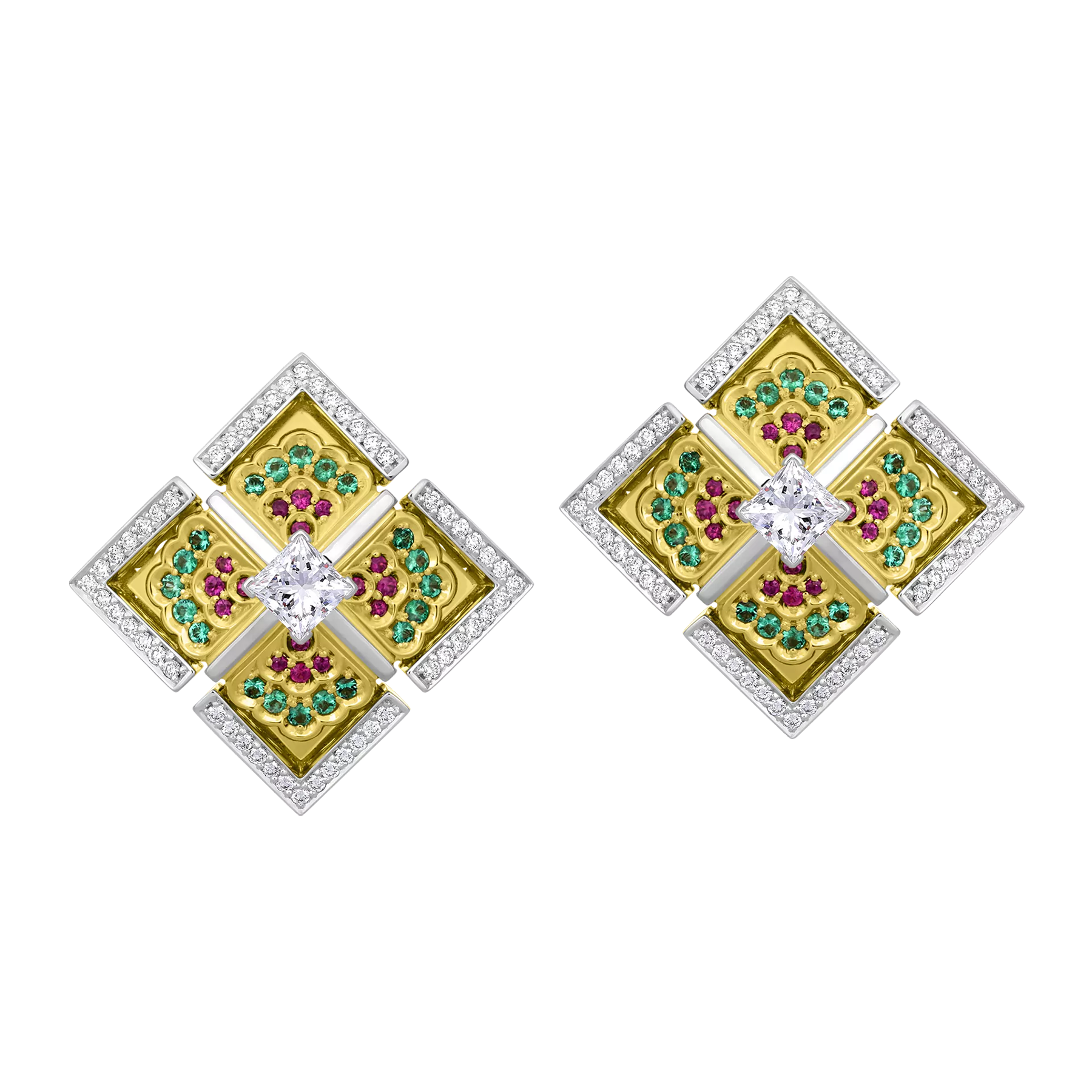 Серьги с бриллиантами, изумрудами и рубинами, жёлтое и белое золото