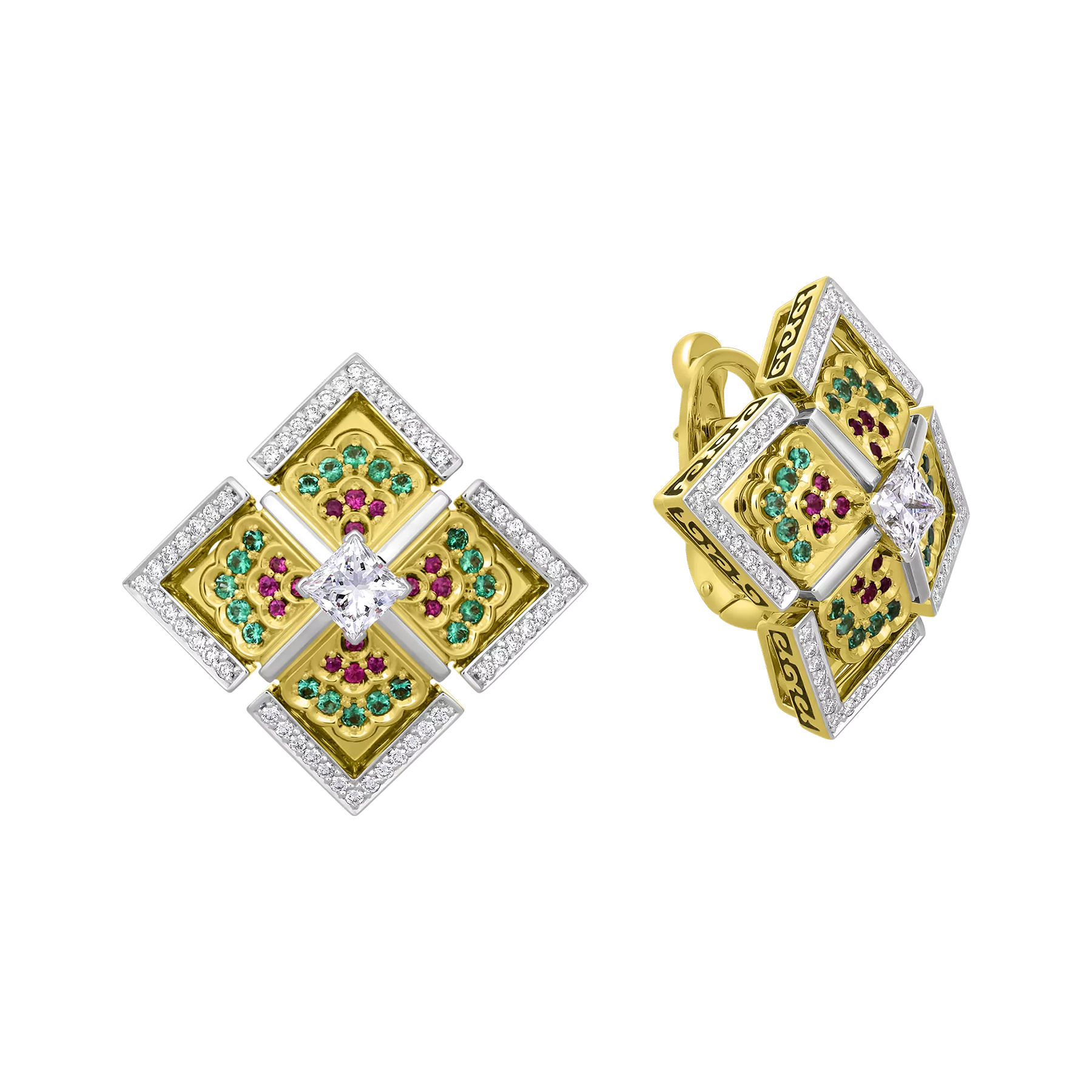 Серьги с бриллиантами, изумрудами и рубинами, жёлтое и белое золото