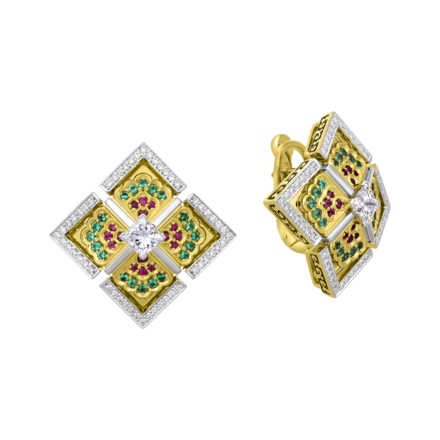 Серьги с бриллиантами, изумрудами и рубинами, жёлтое и белое золото 1