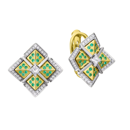 Серьги с бриллиантами и изумрудами, жёлтое золото 1