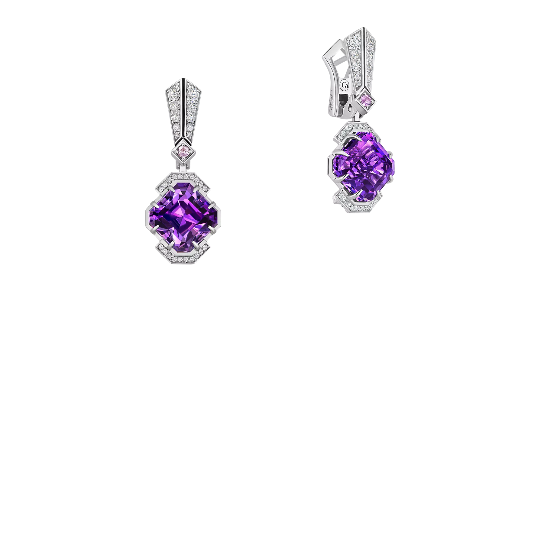 Серьги с аметистами, бриллиантами и розовыми сапфирами, белое золото