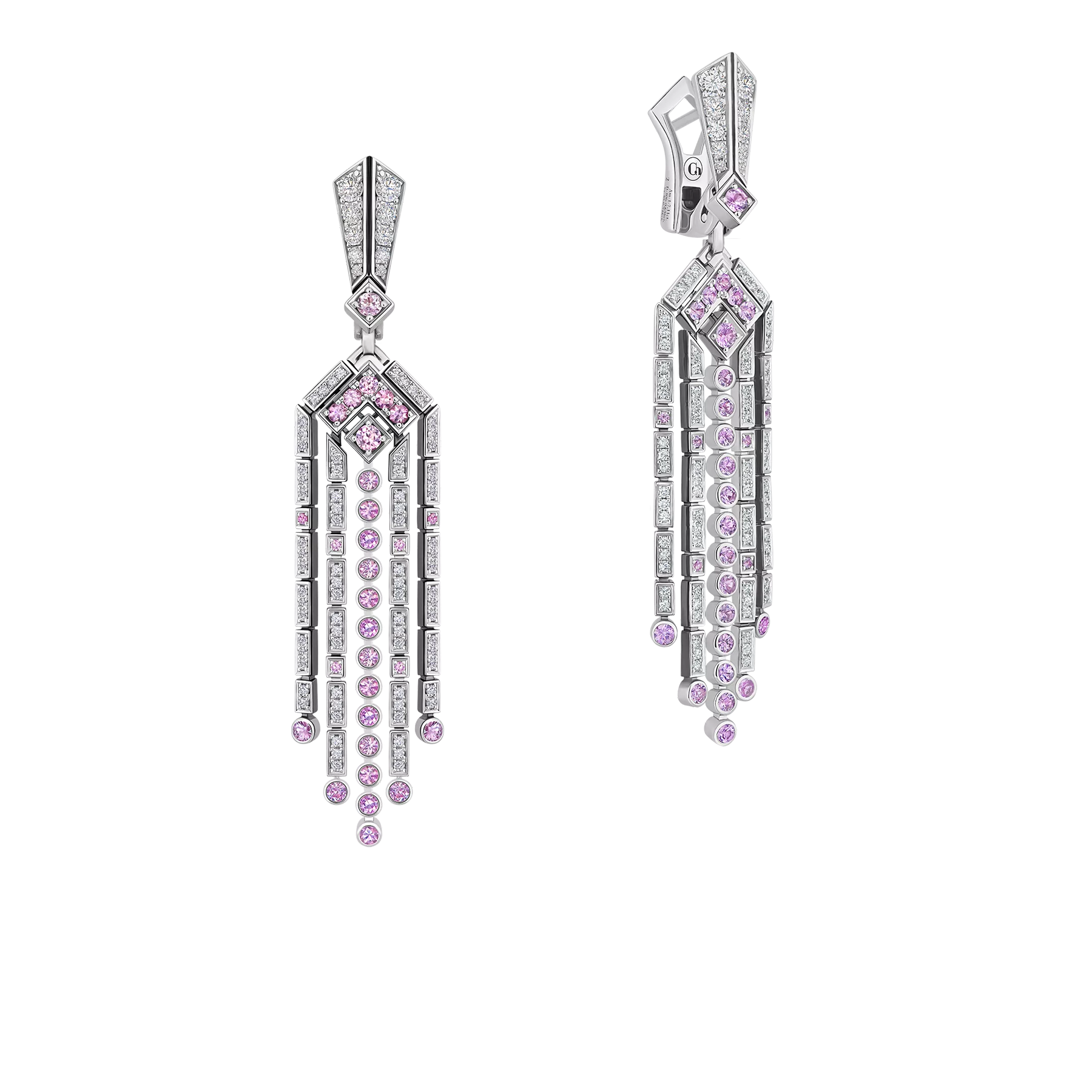 Серьги с аметистами, бриллиантами и розовыми сапфирами, белое золото