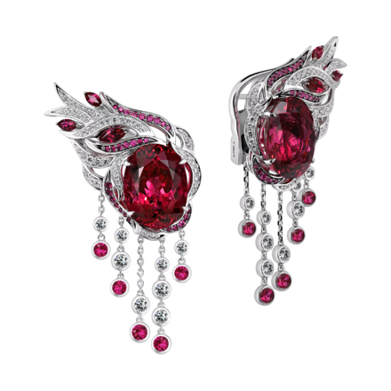 Серьги с рубеллитами, бриллиантами и рубинами, белое золото 1