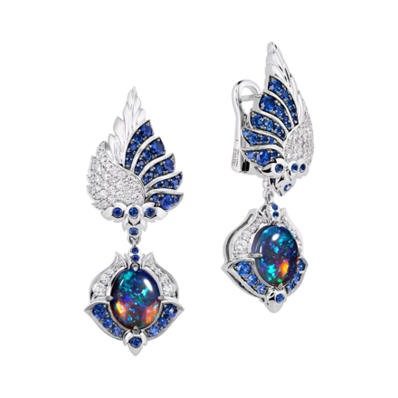 Серьги с опалами, бриллиантами и сапфирами, белое золото 1