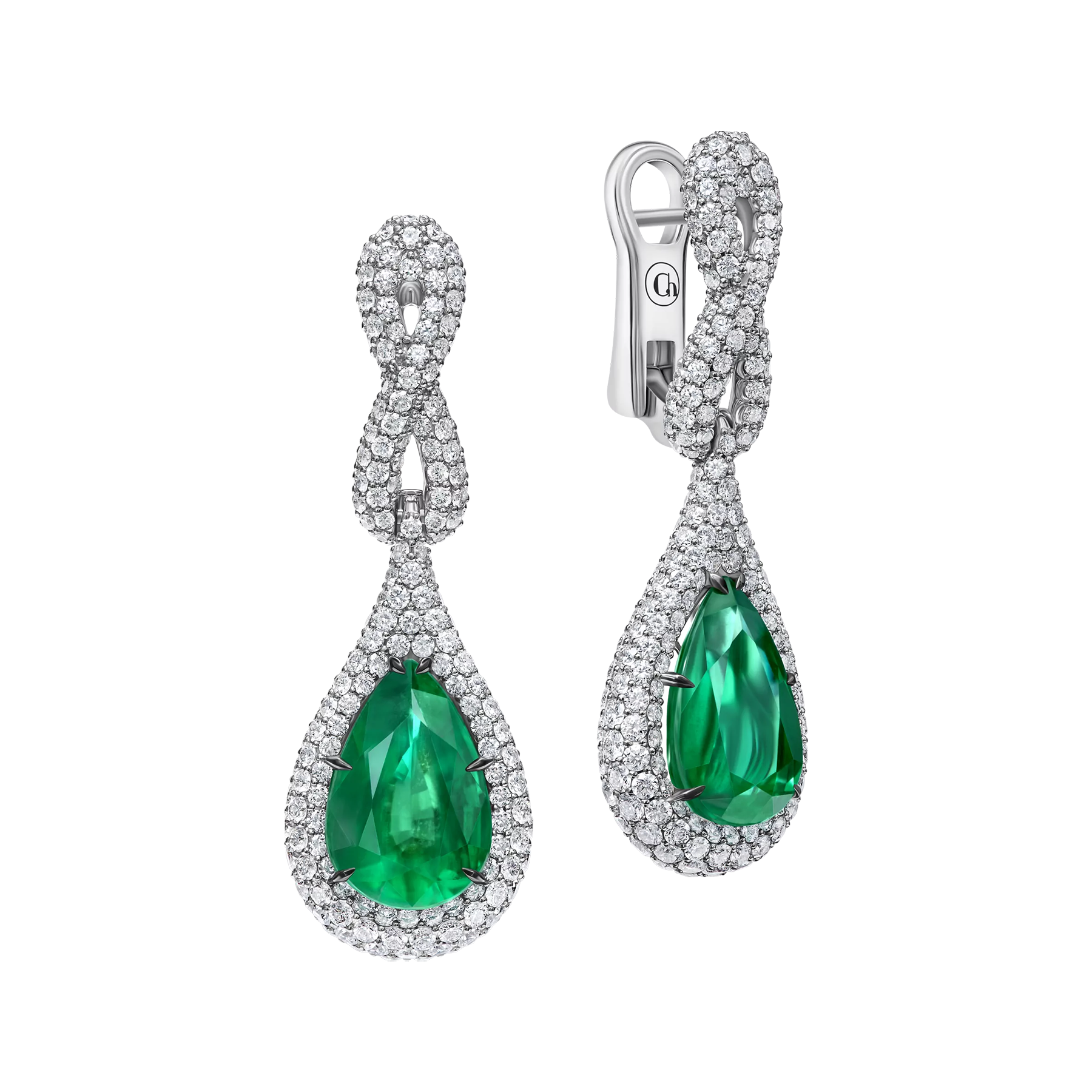 Серьги с изумрудами и бриллиантами, белое золото