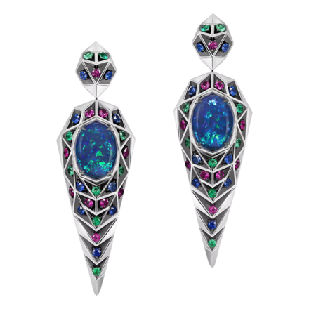 Серьги с опалами, изумрудами, рубинами и сапфирами, белое золото 1